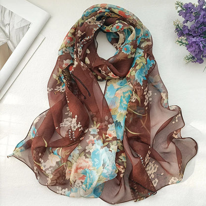 Foulard Écharpe Mousseline Georgette Femme Fleur Prune - Bandana Été Léger Respirant