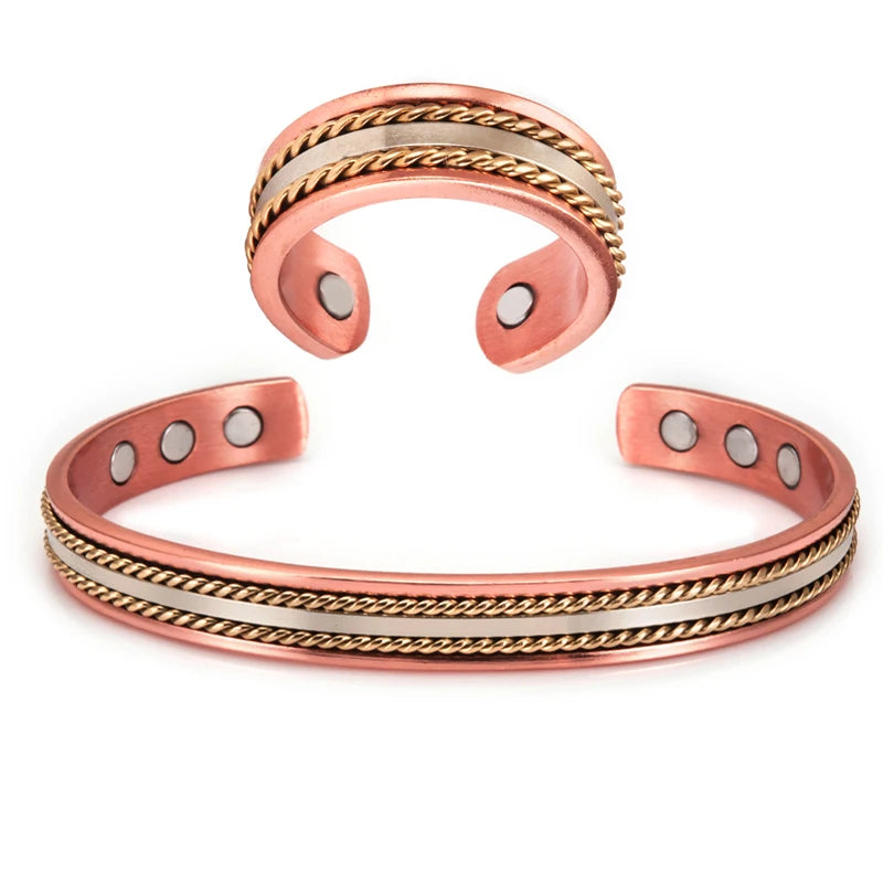 Bracelet & Bague Cuivre Pur Magnétique Tressé – FIR Germanium Thérapeutique Unisexe