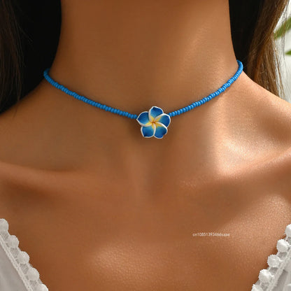 Ensemble Bijoux Fleurs Tressées Bohème Grande Fleur – Collier Boucles Rose Rouge Bleu Plage Femme