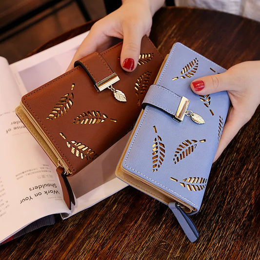 Portefeuille Long Femme Cuir PU Feuilles Dorées - Clutch Porte-Cartes Monnaie Élégant