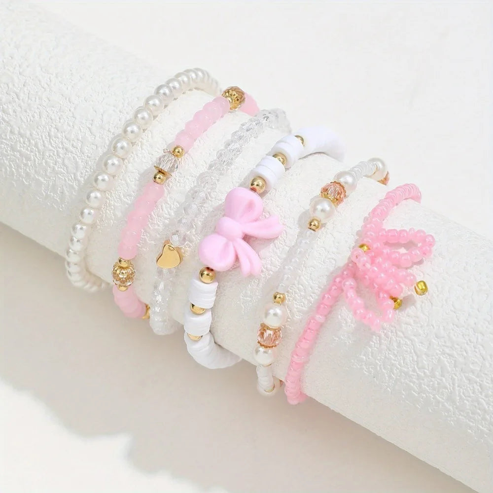 Ensemble 6 Bracelets Roses Nœuds Cœurs Y2K – Perles Acrylique Bohème