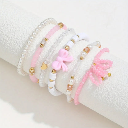 Ensemble 6 Bracelets Roses Nœuds Cœurs Y2K – Perles Acrylique Bohème