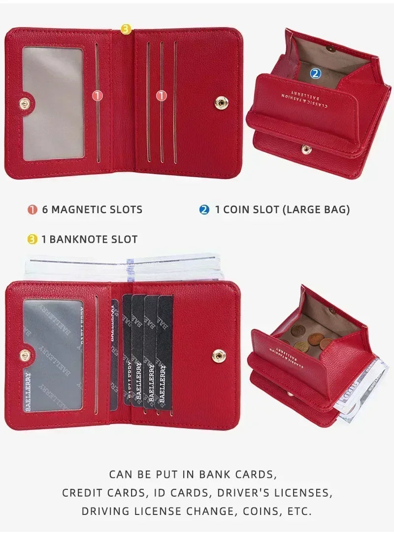 Portefeuille Femme Court Mini Cuir PU Noir - Porte-Carte Porte-Monnaie Multifonction Compact Rouge