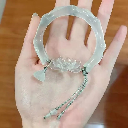 Bracelet Jonc Jade Lotus Bambou Chinois – Antique Pompons Tempérament Unisexe