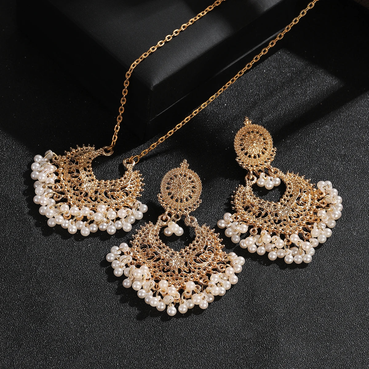 Ensemble Bijoux Indien Perles Pompons Doré – Collier Boucles Vintage