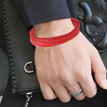 Bracelet Perles Cuir Rouge Tressé – Boucle Acier Inoxydable Unisexe