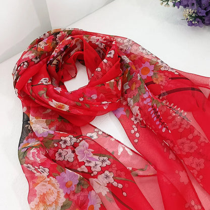 Foulard Écharpe Mousseline Georgette Femme Fleur Prune - Bandana Été Léger Respirant