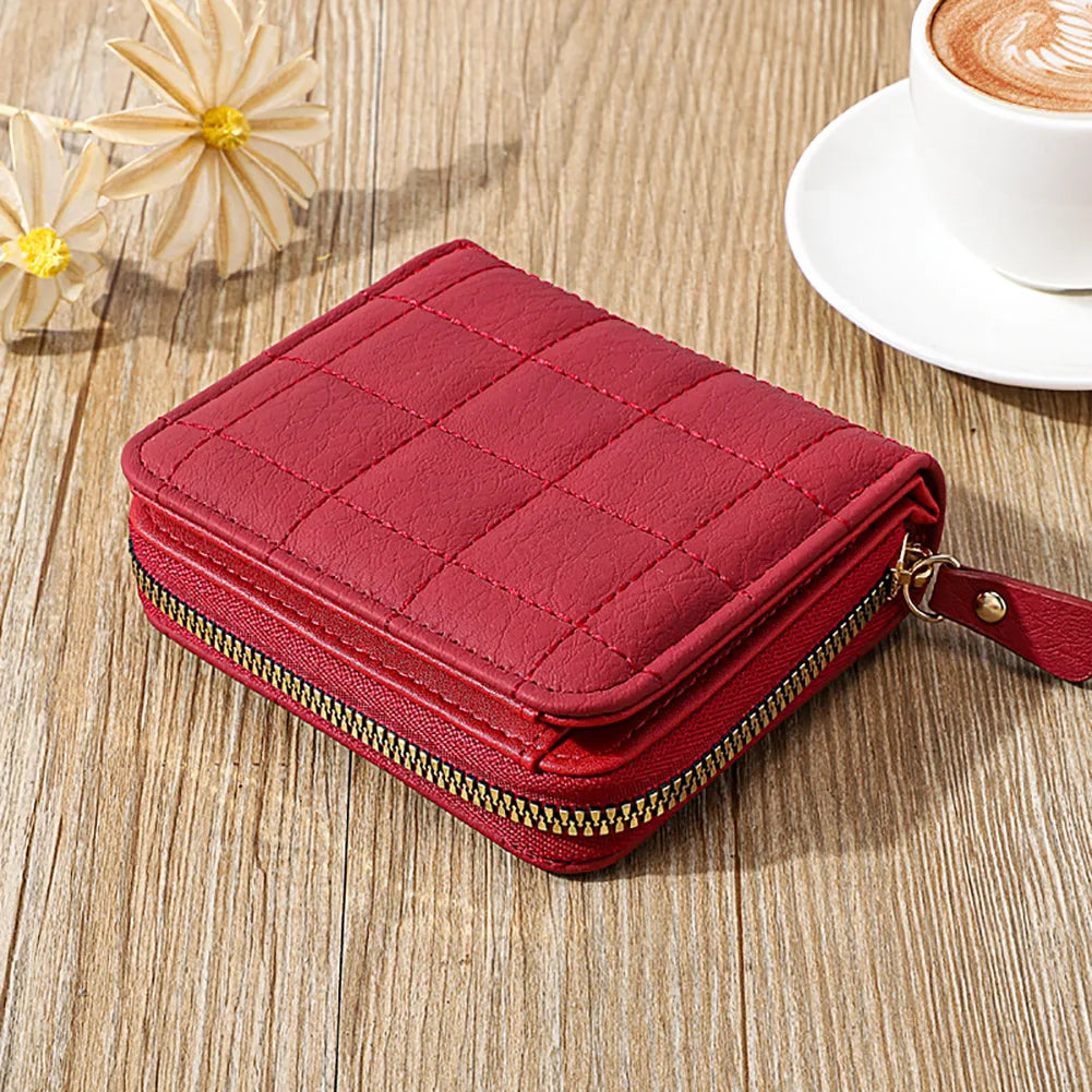 Portefeuille Femme Court Cuir PU Carreaux Zippé - Porte-Carte Monnaie Compact Fashion Noir