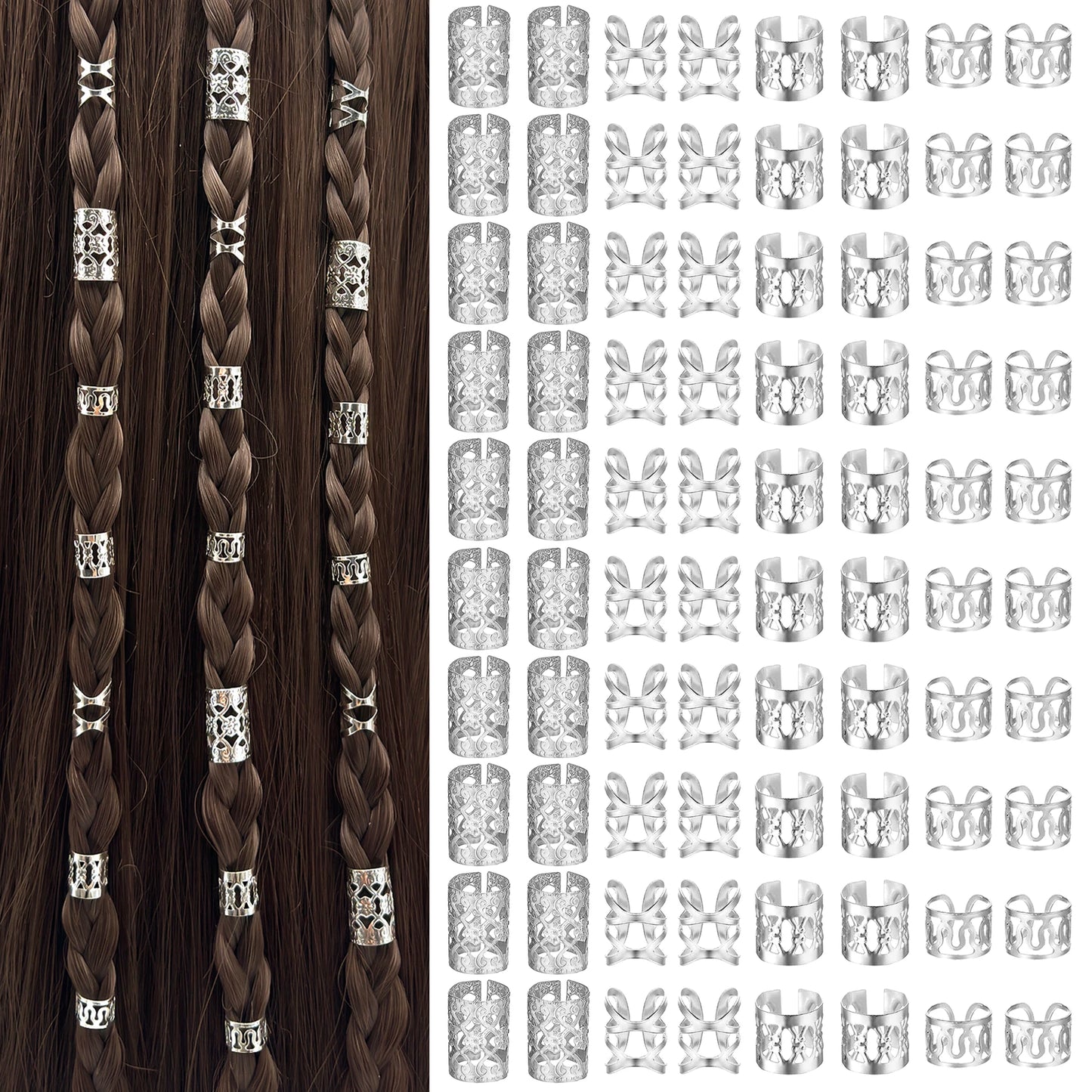 Set 80 Bijoux Cheveux Tresses Bohèmes – Anneaux Métal Multi-Styles
