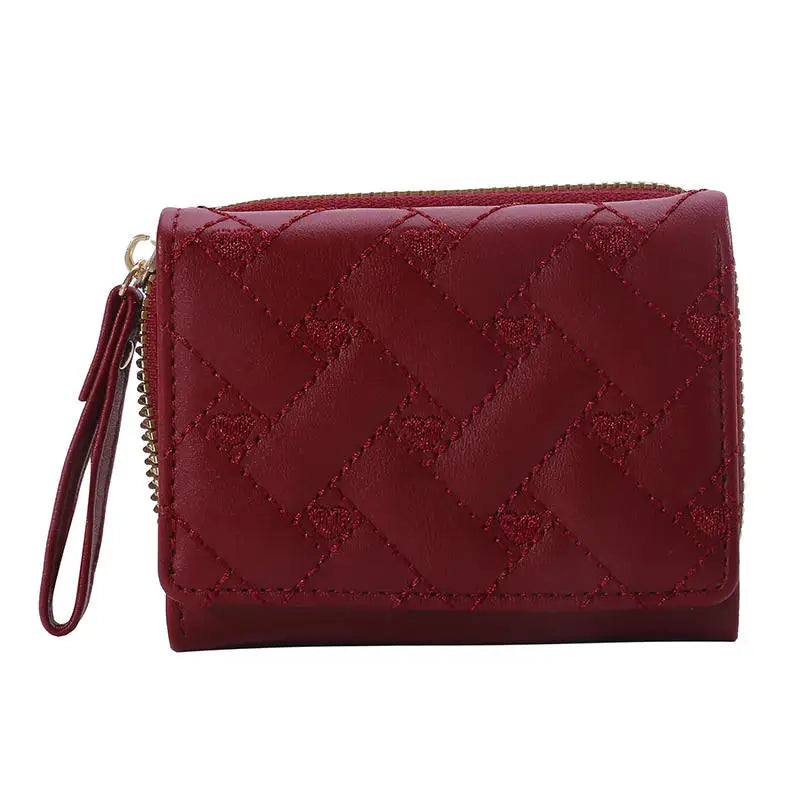Portefeuille Femme Court Trifold Cuir PU Broderie Amour - Porte-Carte Multi-Poches Fashion Minimaliste Noir