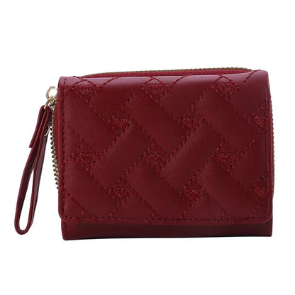 Portefeuille Femme Court Trifold Cuir PU Broderie Amour - Porte-Carte Multi-Poches Fashion Minimaliste Noir