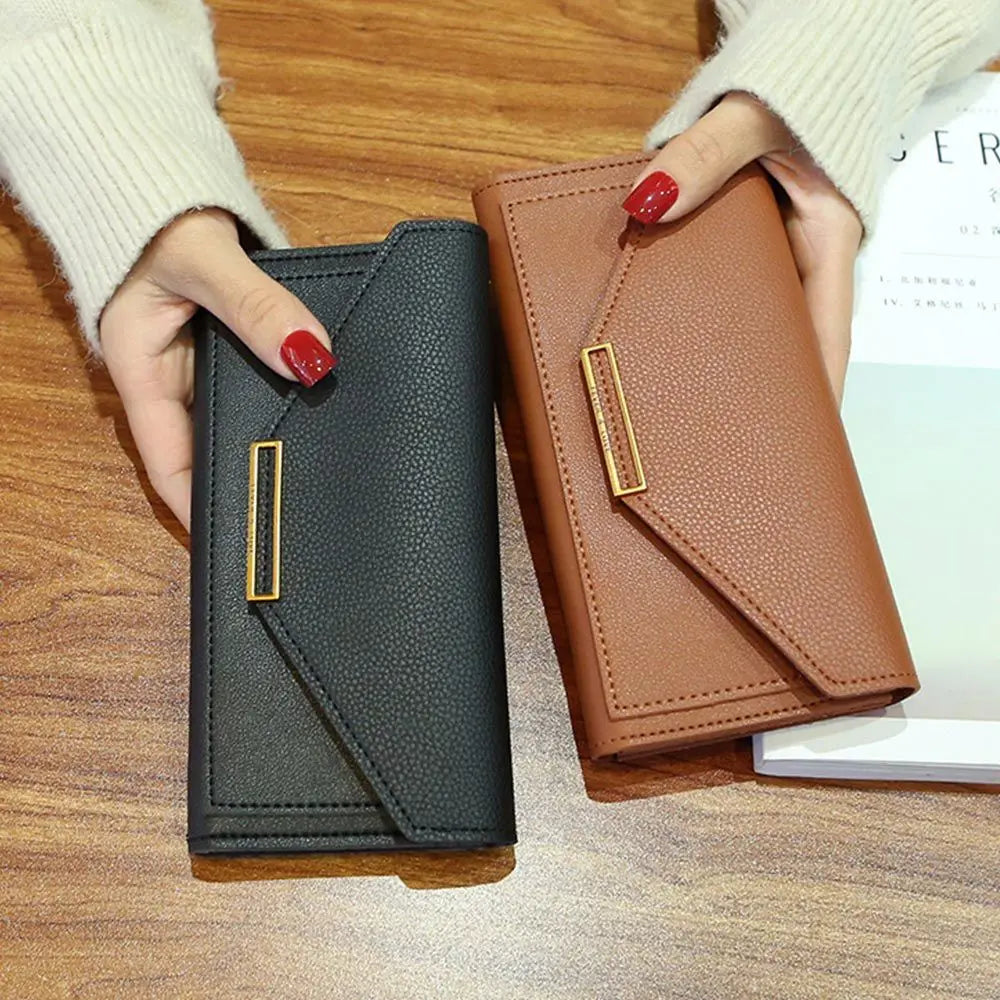 Portefeuille Femme Long Cuir PU Fermoir - Porte-Monnaie Clutch Téléphone 5 Couleurs Noir