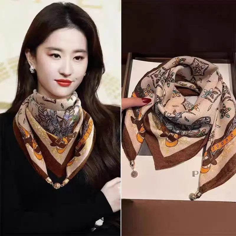 Luxury Square Scarf with Magnetic Buckle for Women - Silk Triangle Cross Scarf