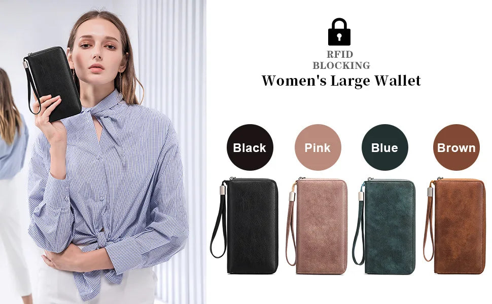 Portefeuille Femme Vintage RFID - Grande Capacité Cuir PU avec Porte-Cartes