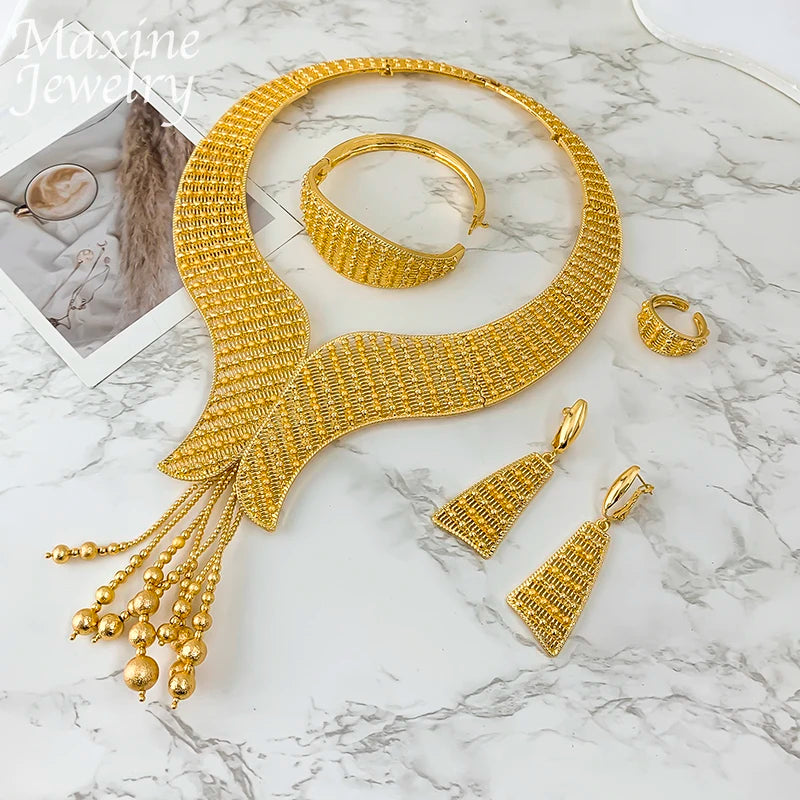 Ensemble Bijoux Dubai Bohème Plaqué Or 18K Luxe – Collier Boucles Bracelet Bague Mariée Femme