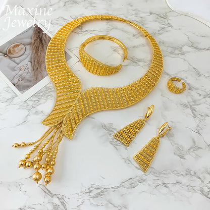 Ensemble Bijoux Dubai Bohème Plaqué Or 18K Luxe – Collier Boucles Bracelet Bague Mariée Femme