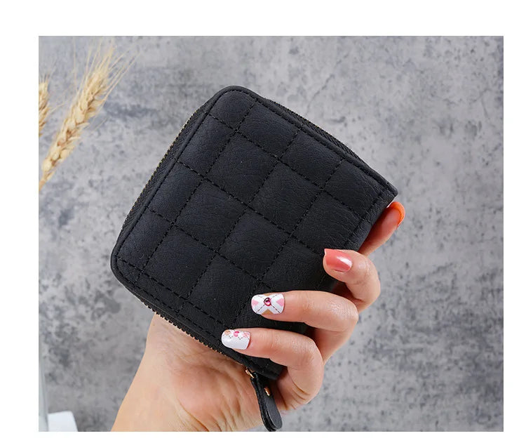 Portefeuille Court Femme Cuir PU à Carreaux - Petit Porte-Cartes Zip avec Porte-Monnaie