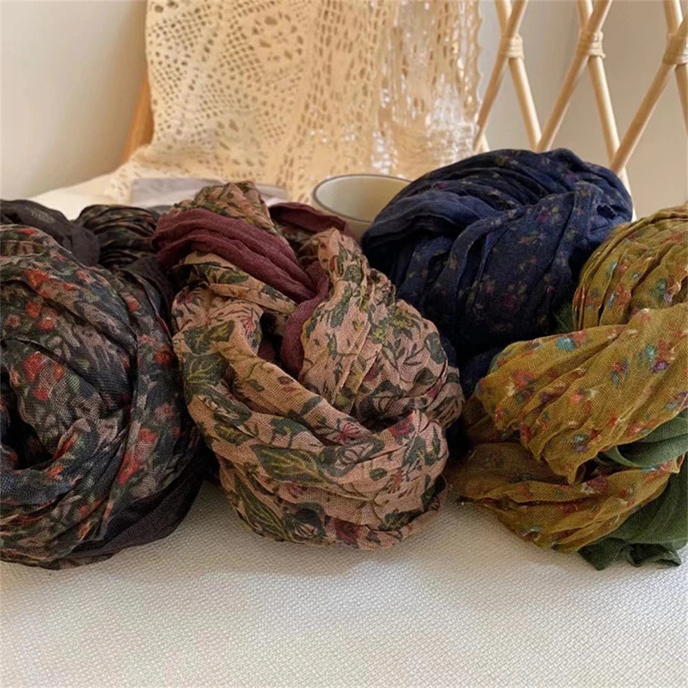 Foulard Écharpe Patchwork Coton Lin Vintage Femme - Châle Carré Floral Plissé Hiver