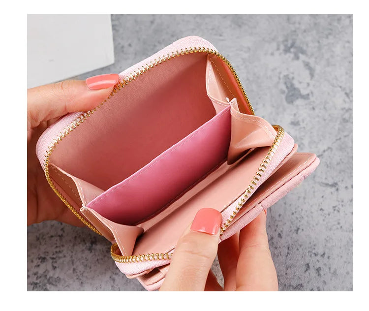 Portefeuille Court Femme Cuir PU à Carreaux - Petit Porte-Cartes Zip avec Porte-Monnaie