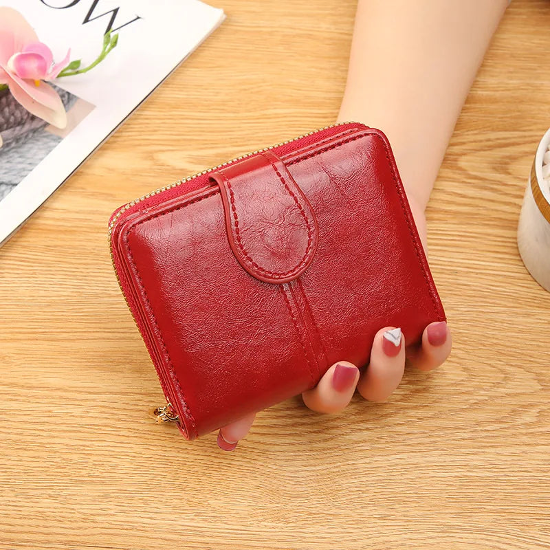Portefeuille Femme Cuir Bifold Court Rose - Wallet Porte-Cartes Zipper Coin Pouch