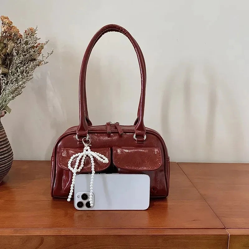 Sac à Bandoulière Femme Cuir PU Vintage - Grand Sac à Main Bordeaux pour Travail