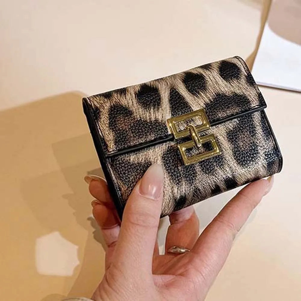 Portefeuille Femme Court Imprimé Léopard PU - Porte-Monnaie Carré Multi-Cartes Style Coréen Tendance