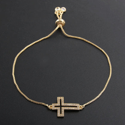 Bracelet Chaîne Cuivre Zircon Croix – Or & Argent Ajustable Unisexe Soirée