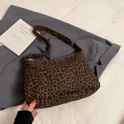 Sac Bandoulière Femme Textile Souple Imprimé Léopard - Sac Épaule Rétro Grande Capacité Casual