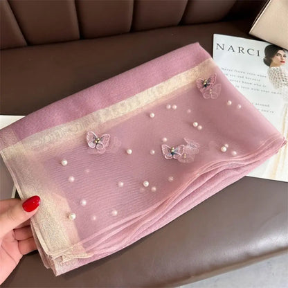 Foulard Soie Broderie Papillon Femme - Écharpe Châle Hijab Luxe Léger Élégant