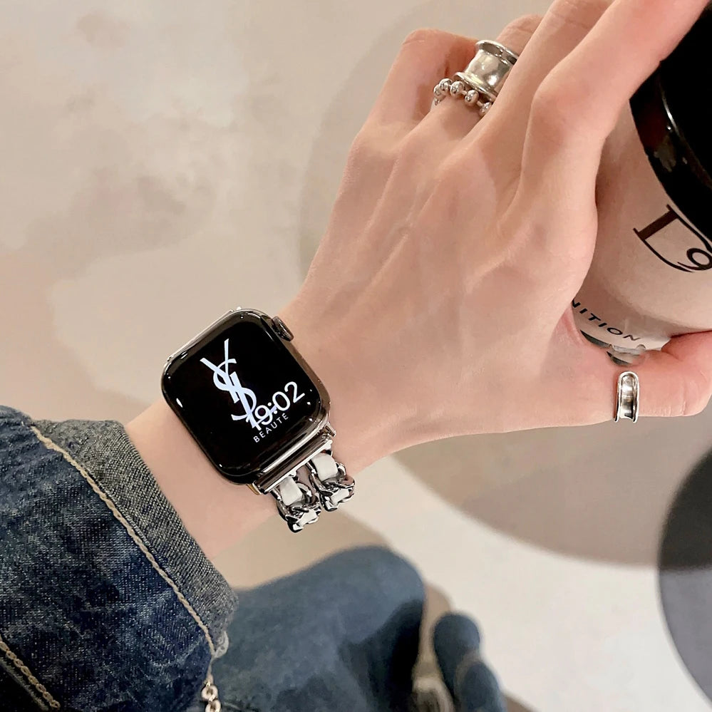 Bracelet Apple Watch Acier Inoxydable Cuir - 38mm à 49mm Series 9/8/7/6/SE/Ultra