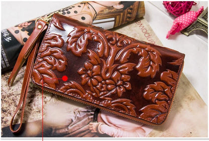 Portefeuille Femme Cuir Véritable Vintage Floral - Grande Capacité Clutch Pochette en Cuir de Vache
