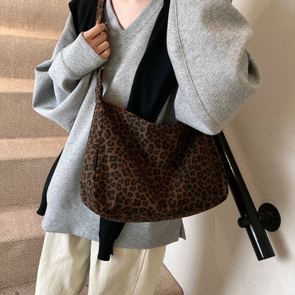 Sac Bandoulière Femme Textile Souple Imprimé Léopard - Sac Épaule Rétro Grande Capacité Casual