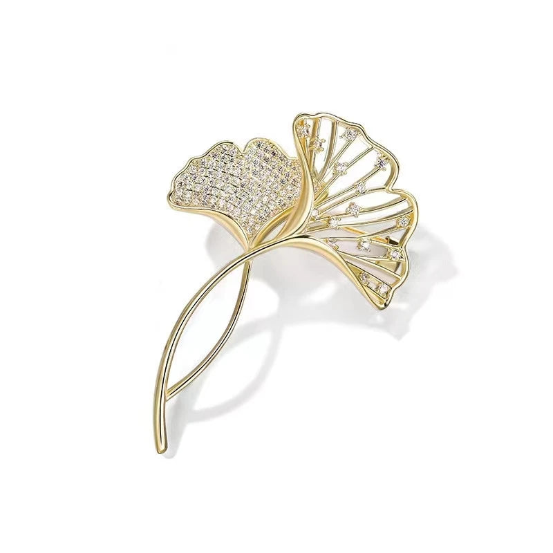 Broche Feuille Ginkgo Rétro Élégante Strass – Pin's Plante Corsage Luxe Femme
