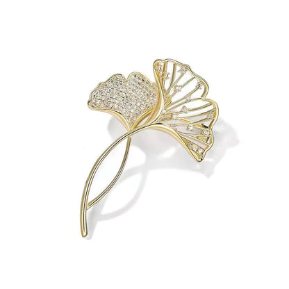 Broche Feuille Ginkgo Rétro Élégante Strass – Pin's Plante Corsage Luxe Femme