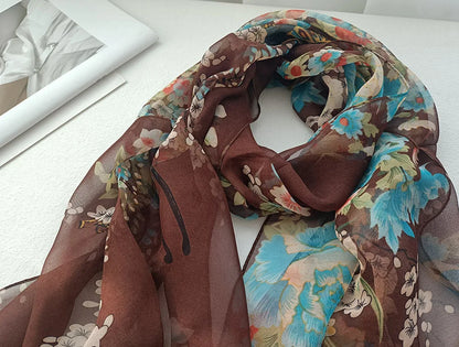 Foulard Écharpe Mousseline Georgette Femme Fleur Prune - Bandana Été Léger Respirant