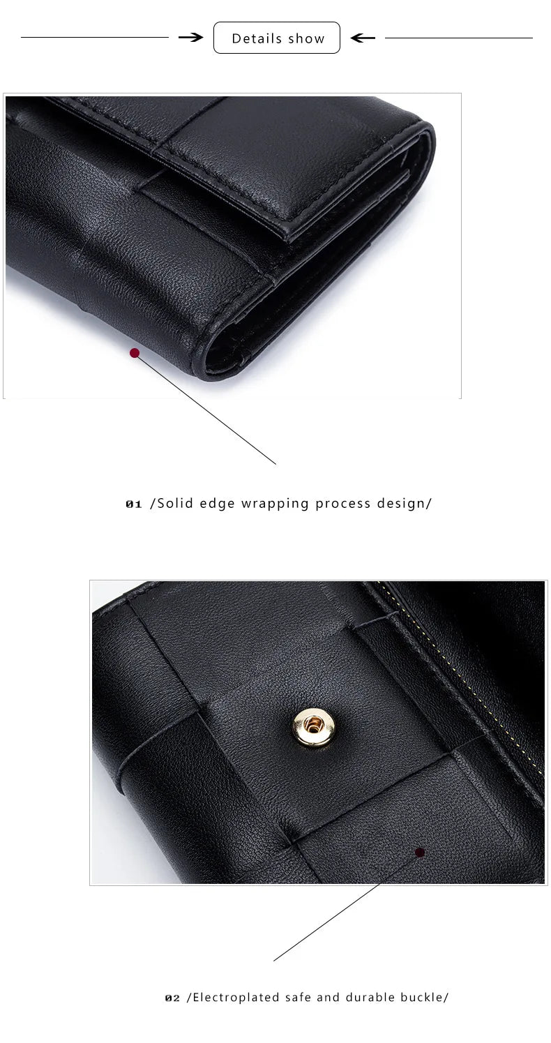 Portefeuille Femme Court Cuir Véritable Peau Mouton Tressé - Porte-Monnaie Trifold Zippé Grande Capacité Noir
