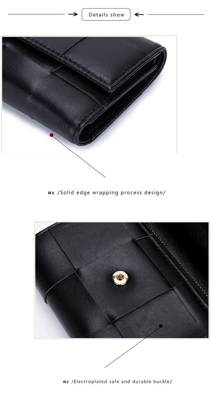 Portefeuille Femme Court Cuir Véritable Peau Mouton Tressé - Porte-Monnaie Trifold Zippé Grande Capacité Noir