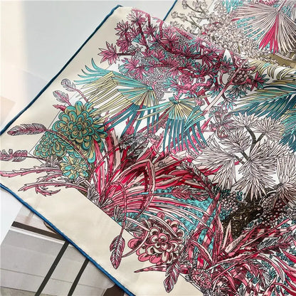 Foulard Carré Soie 100% Pure 90cm Neckerchief Femme - Châle Bandana Luxe Rose Vert