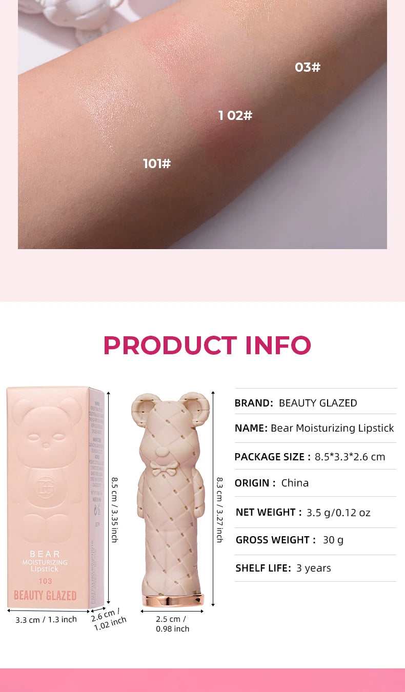 Rouge à Lèvres Hydratant Beauty Glazed Bear - Baume Coloré Nourrissant Effet Aqueux Longue Tenue