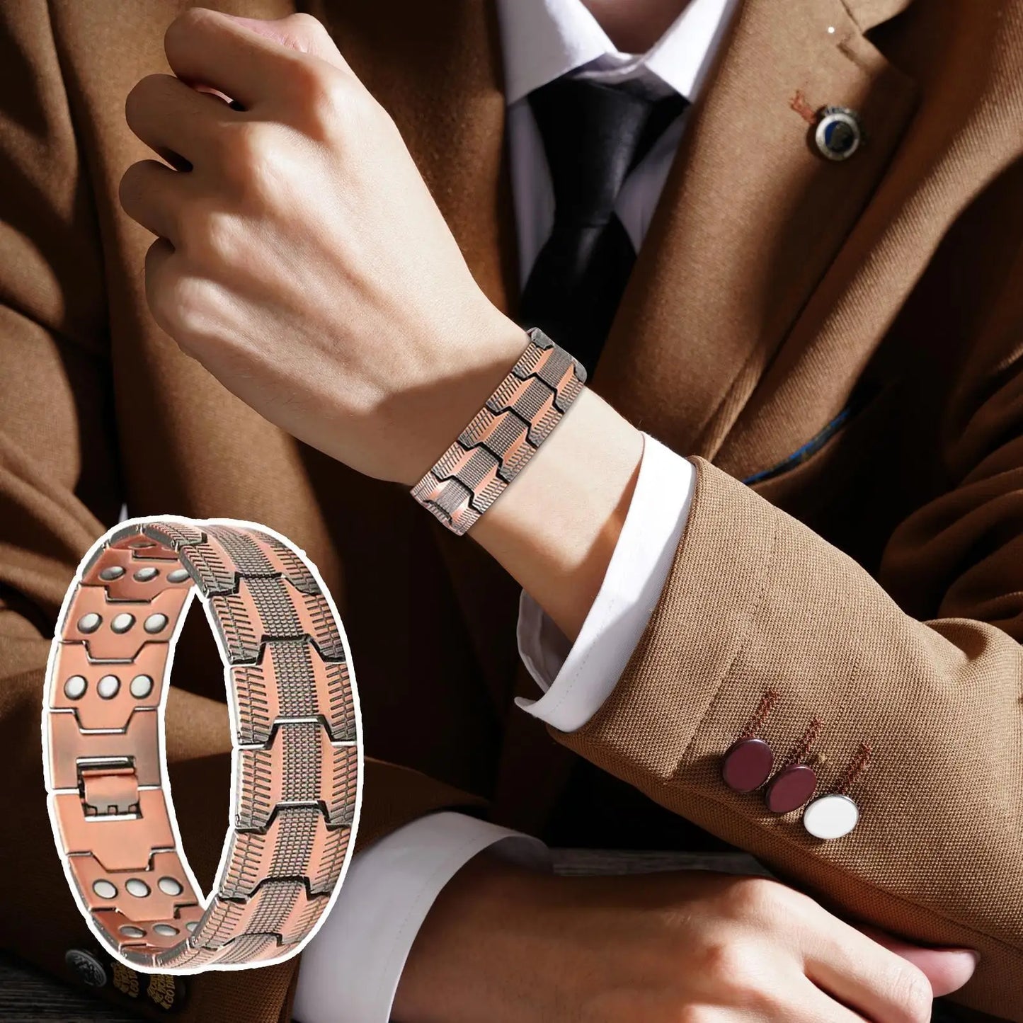 Bracelet Manchette Cuivre Homme – 3 Rangées Magnétiques & Ajustable