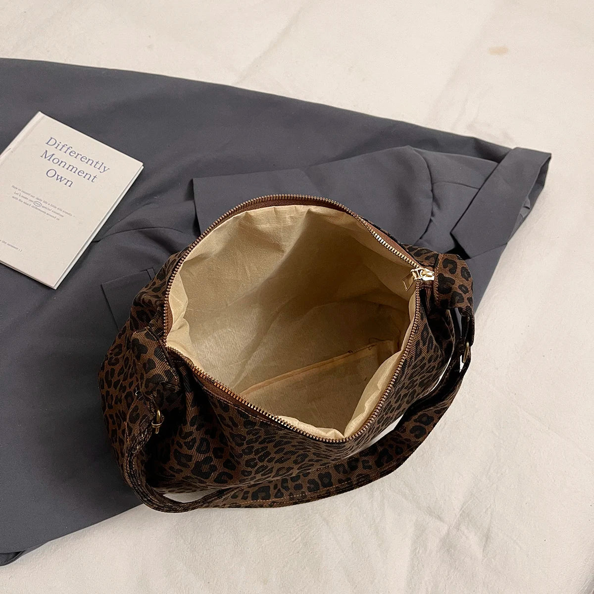 Sac Bandoulière Femme Textile Souple Imprimé Léopard - Sac Épaule Rétro Grande Capacité Casual