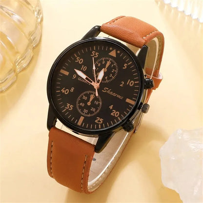 SHAARMS Montre Quartz Homme — Bracelet Cuir, Cadran Rond, Coffret Cadeau