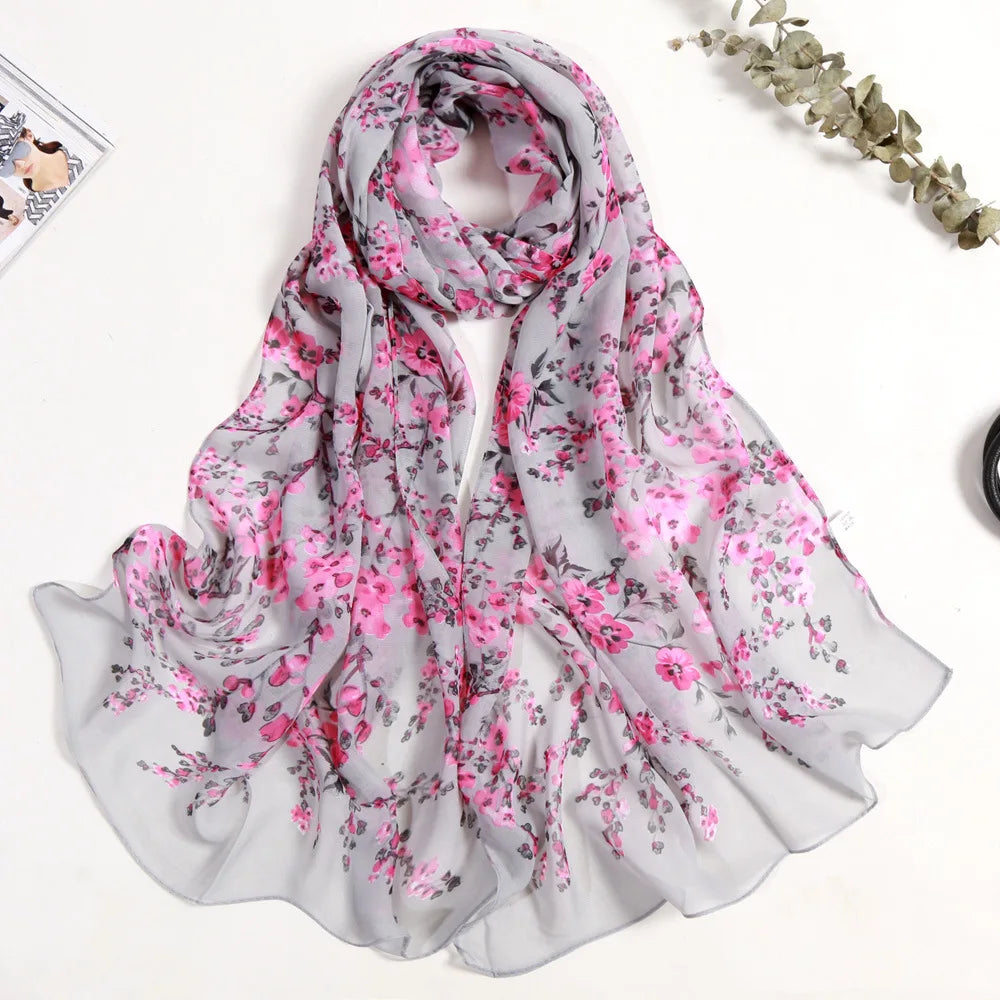 Foulard Écharpe Mousseline Fleur Prunier Femme - Bandana Châle Été Protection Solaire Plage