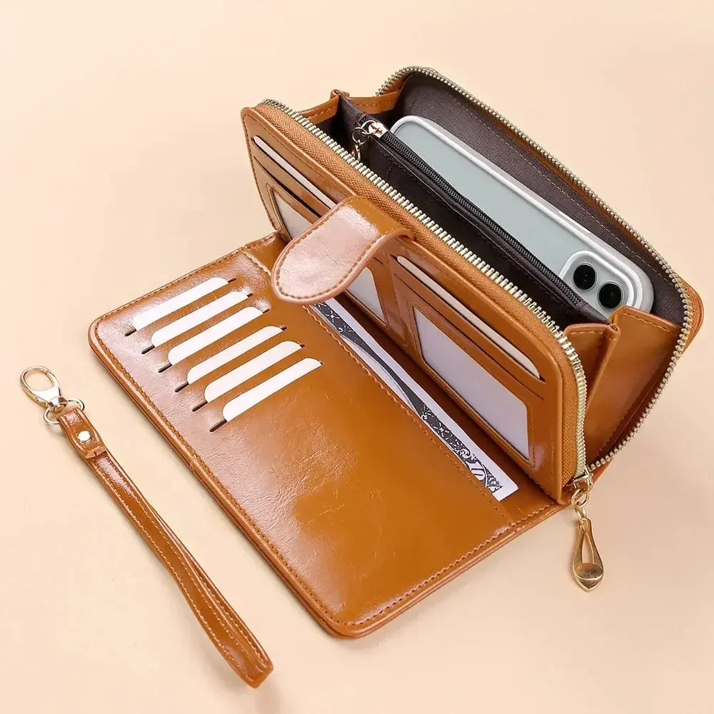 Portefeuille Clutch Femme Cuir PU Vintage - Grande Capacité Téléphone Bracelet Porte-Cartes Rouge Vin