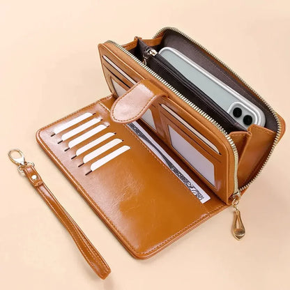 Portefeuille Clutch Femme Cuir PU Vintage - Grande Capacité Téléphone Bracelet Porte-Cartes Rouge Vin