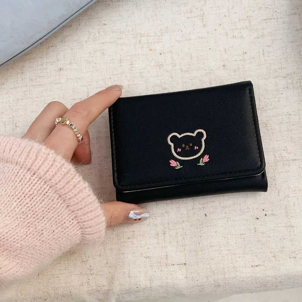 Portefeuille Femme Kawaii Cute Trifold PU - Porte-Carte Multi-Emplacements Porte-Monnaie Étudiant Noir