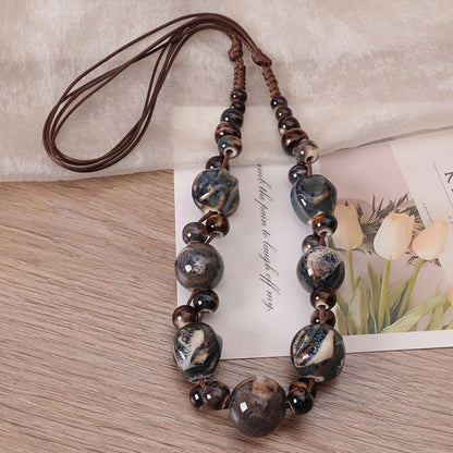 Collier Perles Céramique Tressé Main Bohème – Ajustable Ethnique Rétro Femme