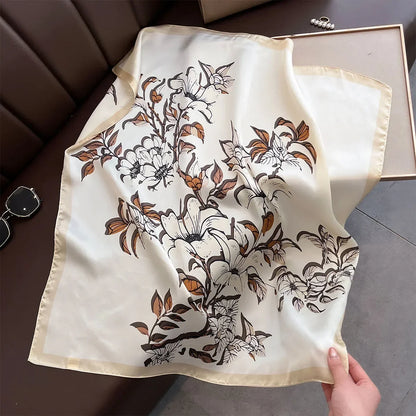 Foulard Carré Soie Satin Imprimé Floral 70x70cm - Neckerchief Bandana Headband Femme