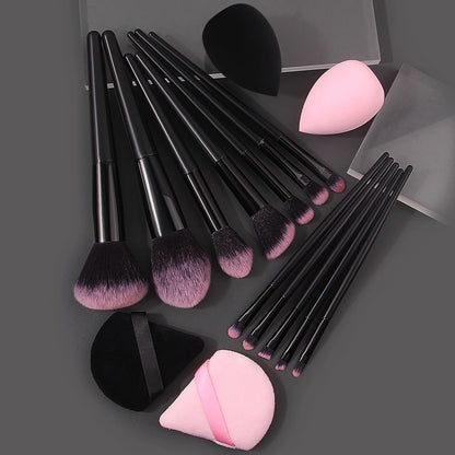 Set 12 Pinceaux Maquillage Doux + 4 Éponges Beauté Triangulaires - Kit Professionnel Portable Houppette Poudre