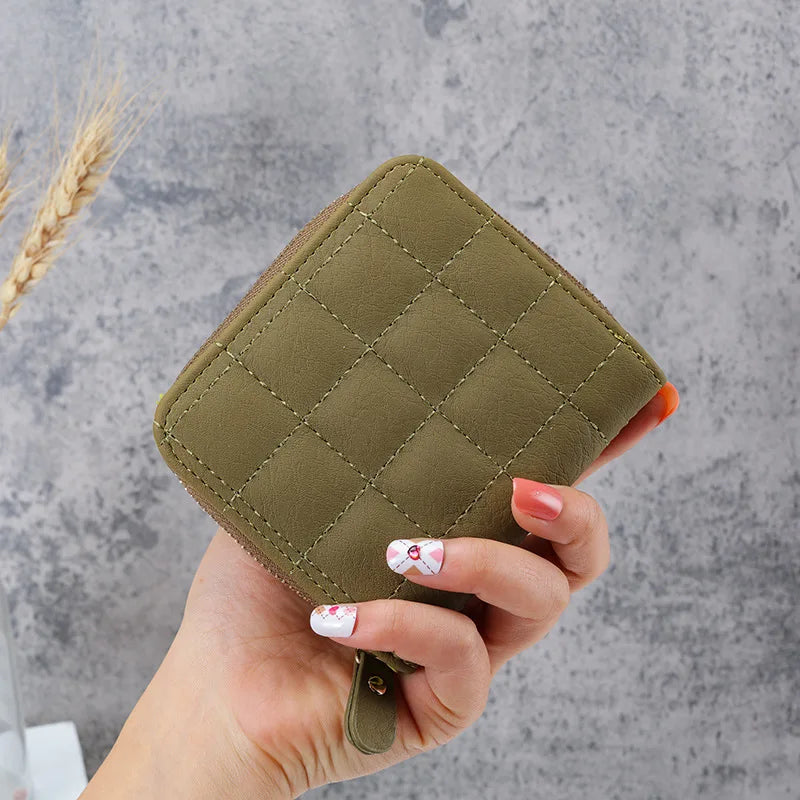 Portefeuille Court Femme Cuir PU à Carreaux - Petit Porte-Cartes Zip avec Porte-Monnaie